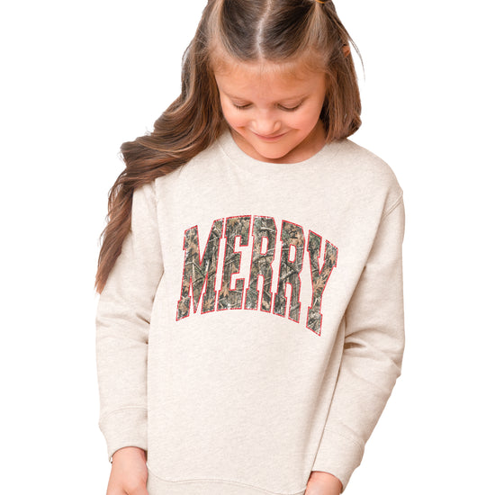 Merry camo Christmas sweatshirt, Natural Heather youth and toddler crewneck