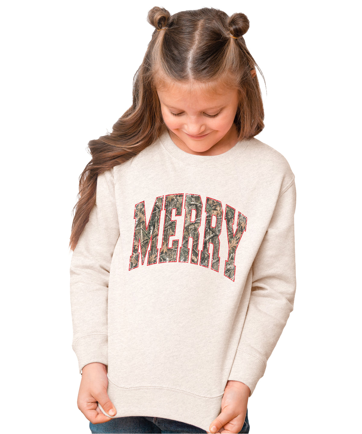 Merry camo Christmas sweatshirt, Natural Heather youth and toddler crewneck