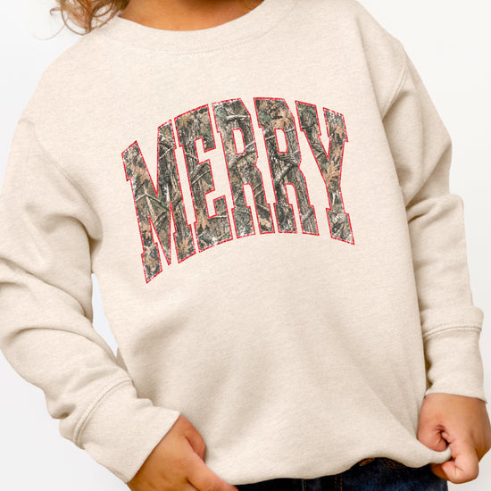 Merry camo Christmas sweatshirt, Natural Heather youth and toddler crewneck