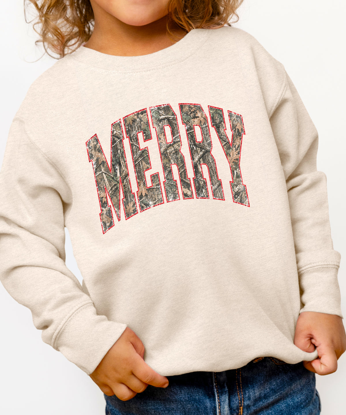 Merry camo Christmas sweatshirt, Natural Heather youth and toddler crewneck