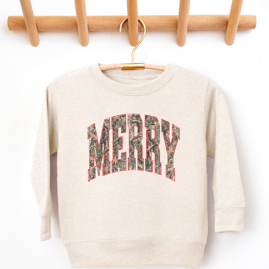 Merry camo Christmas sweatshirt, Natural Heather youth and toddler crewneck