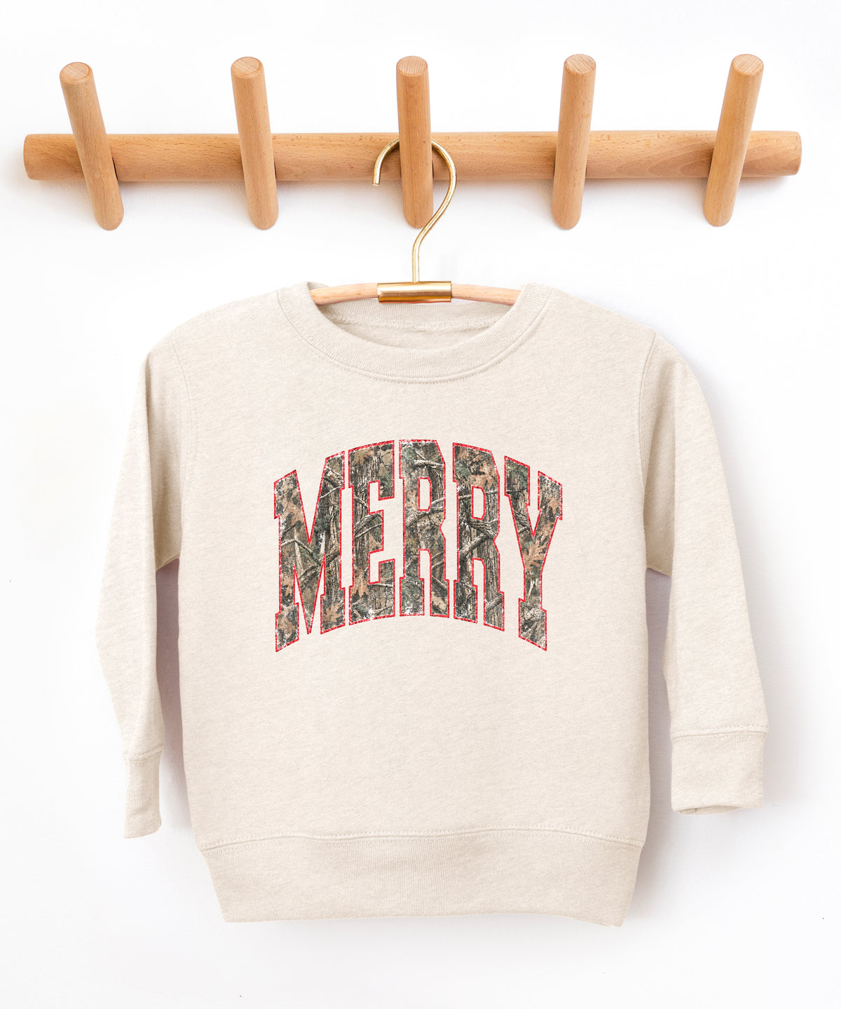 Merry camo Christmas sweatshirt, Natural Heather youth and toddler crewneck