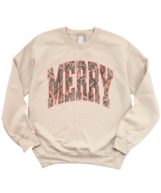 Merry camo Christmas sweatshirt, Sand adult crewneck
