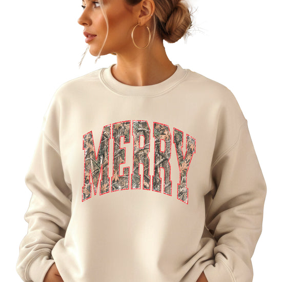 Merry camo Christmas sweatshirt, Sand adult crewneck
