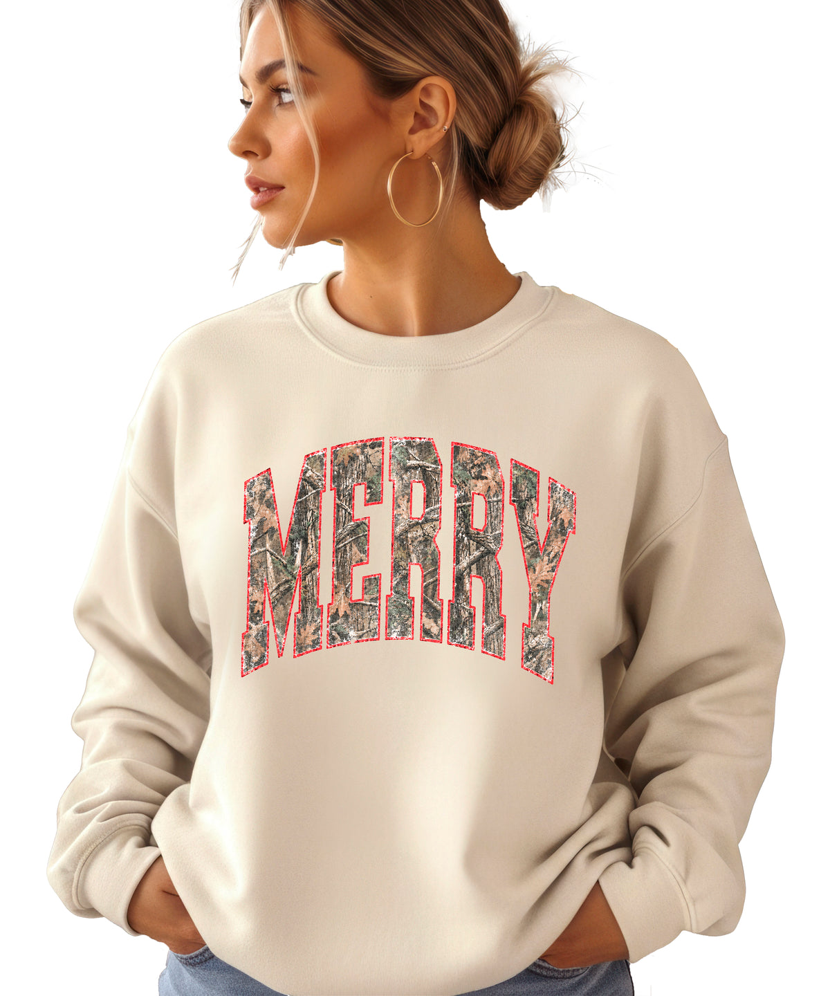 Merry camo Christmas sweatshirt, Sand adult crewneck