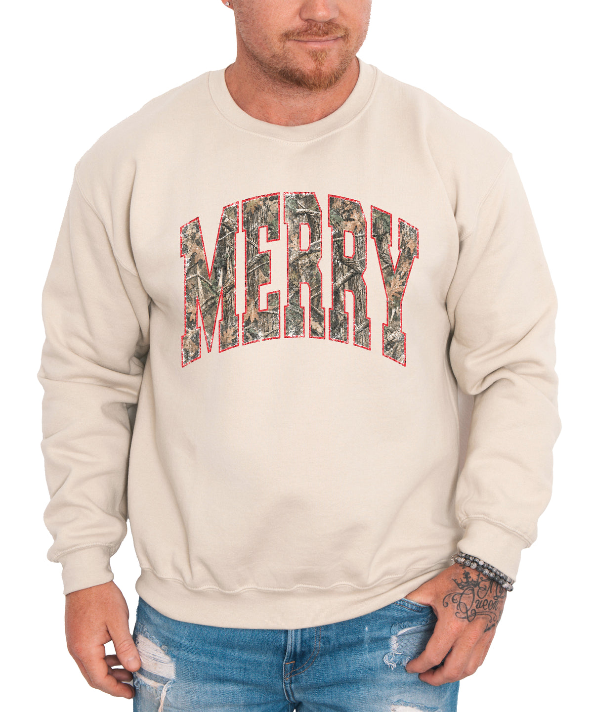 Merry camo Christmas sweatshirt, Sand adult crewneck