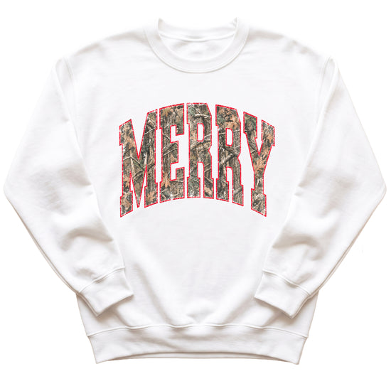 Merry camo Christmas sweatshirt, White adult crewneck