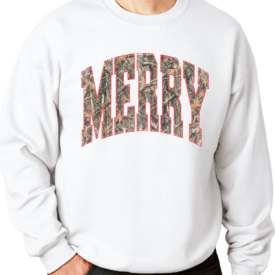 Merry camo Christmas sweatshirt, White adult crewneck