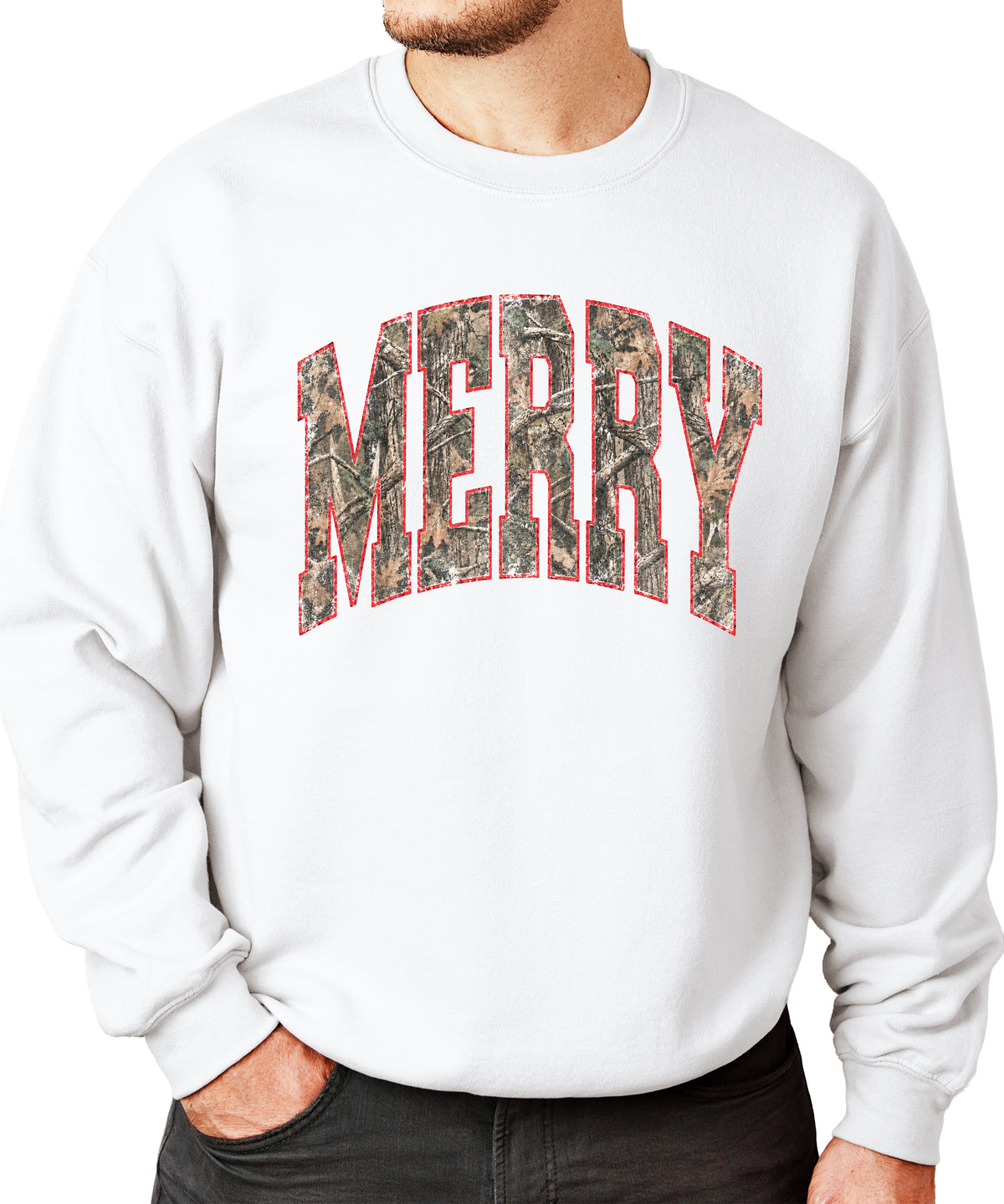 Merry camo Christmas sweatshirt, White adult crewneck