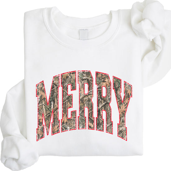 Merry camo Christmas sweatshirt, White adult crewneck