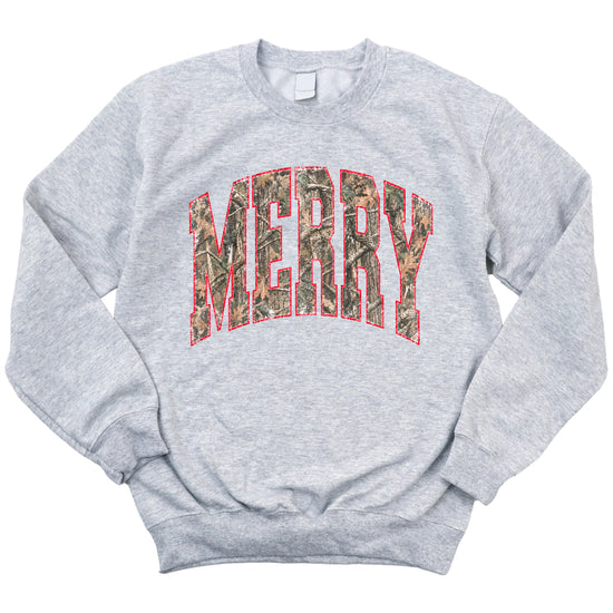 Merry camo Christmas sweatshirt, Gray youth crewneck