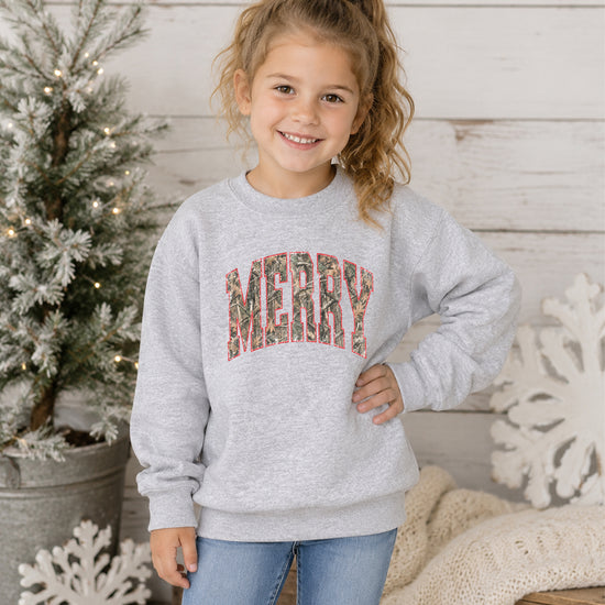 Merry camo Christmas sweatshirt, Gray youth crewneck