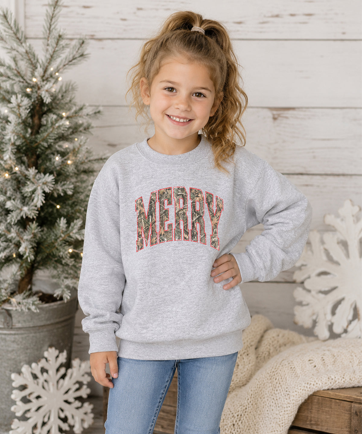 Merry camo Christmas sweatshirt, Gray youth crewneck