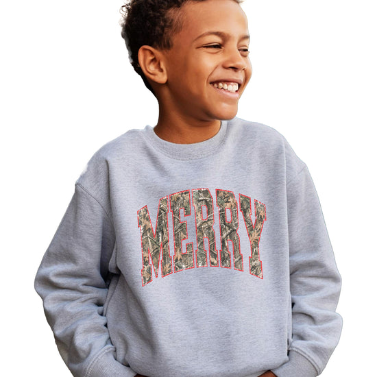 Merry camo Christmas sweatshirt, Gray youth crewneck