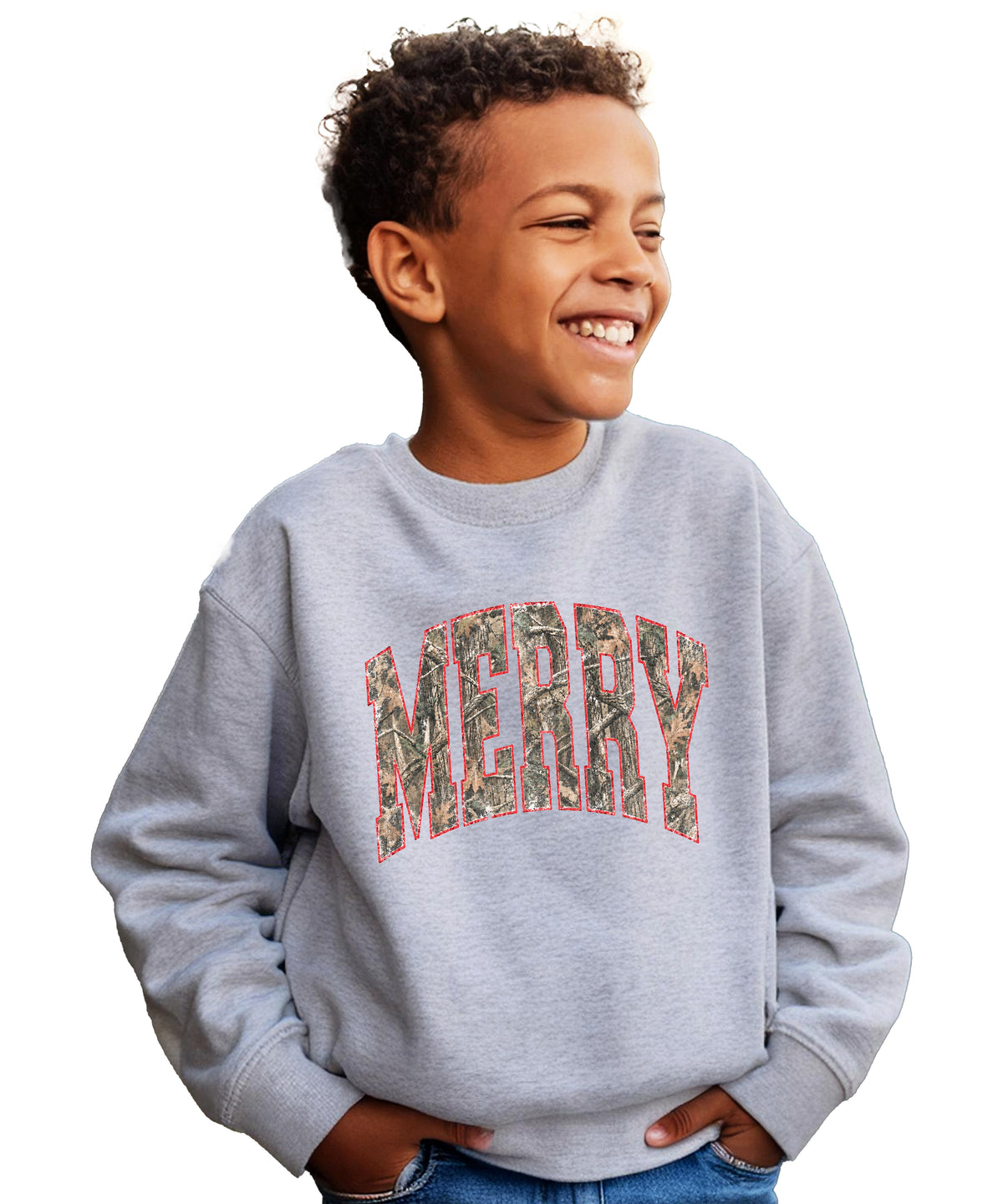 Merry camo Christmas sweatshirt, Gray youth crewneck