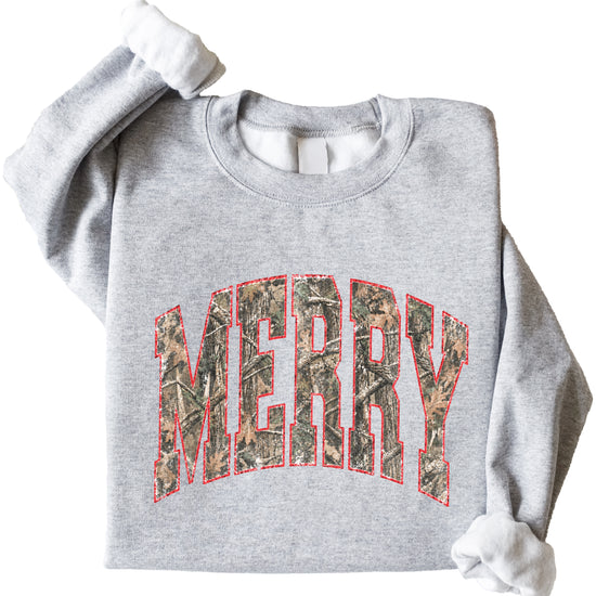Merry camo Christmas sweatshirt, Gray youth crewneck