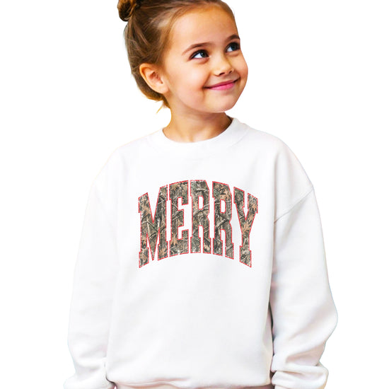 Merry camo Christmas sweatshirt, White youth crewneck