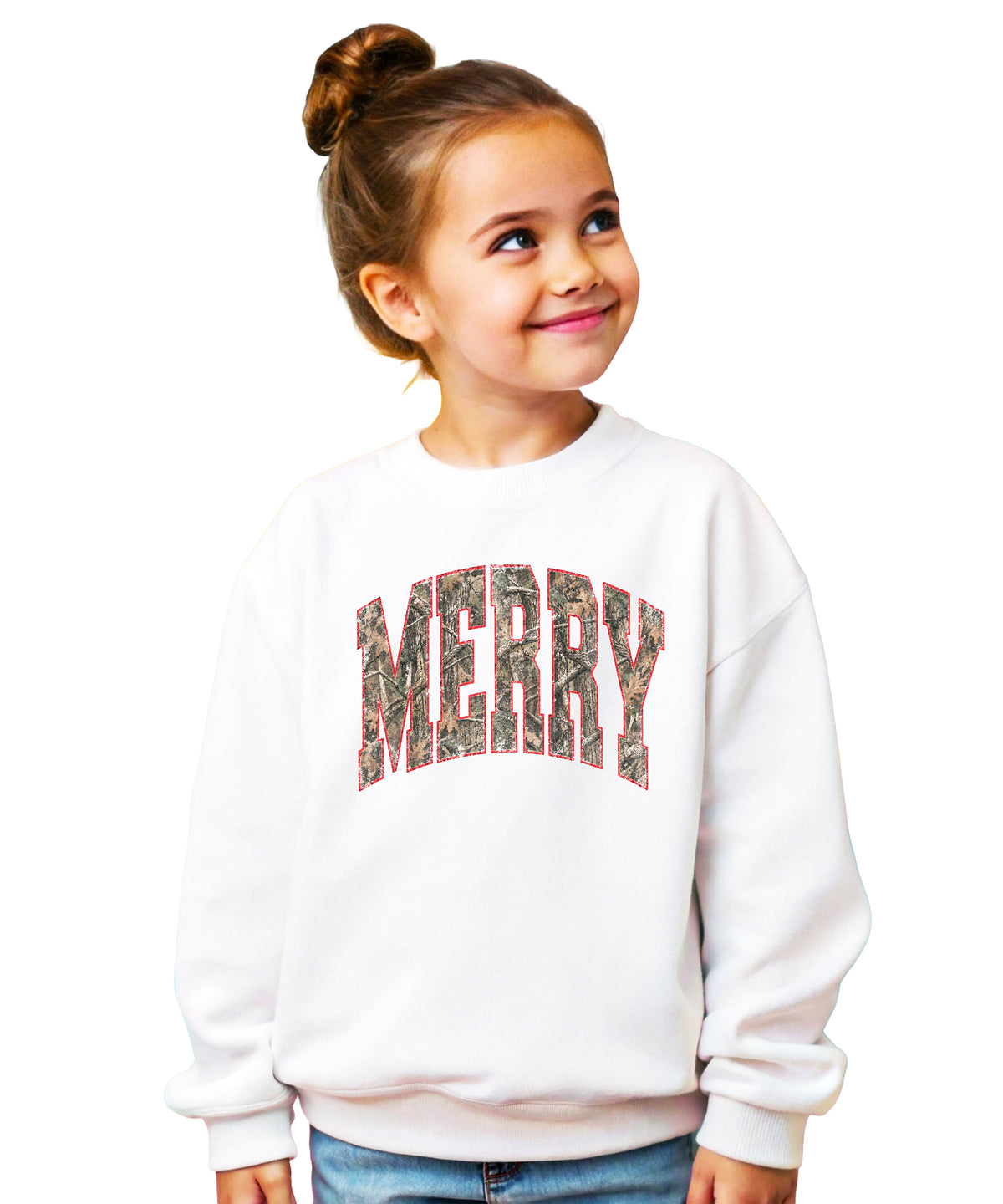 Merry camo Christmas sweatshirt, White youth crewneck