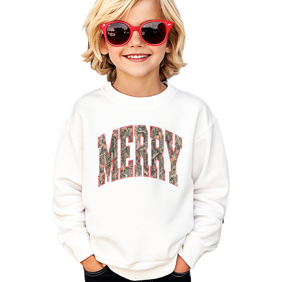 Merry camo Christmas sweatshirt, White youth crewneck