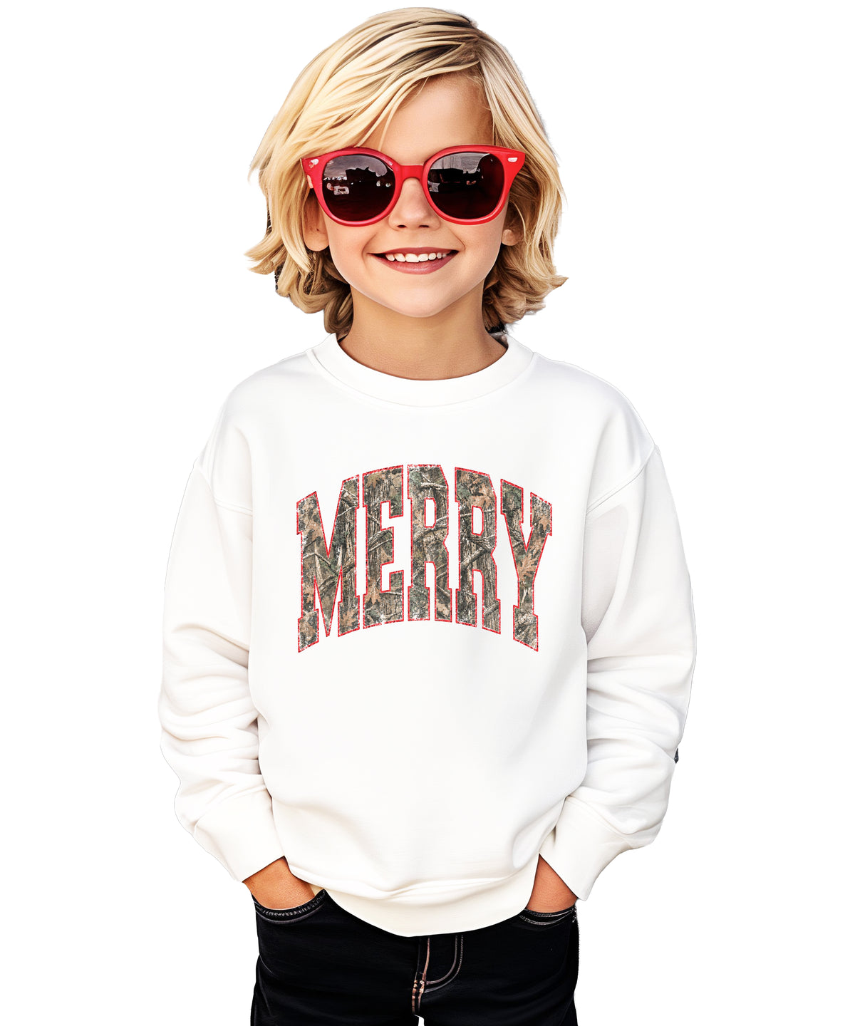 Merry camo Christmas sweatshirt, White youth crewneck
