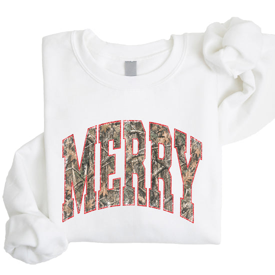 Merry camo Christmas sweatshirt, White youth crewneck