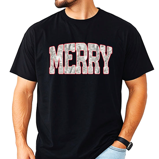 Merry Snow Camo Christmas shirt, Black, adult