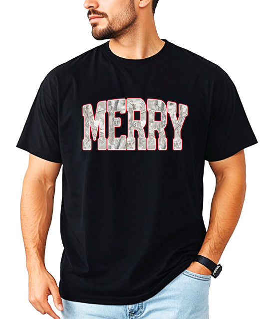 Merry Snow Camo Christmas shirt, Black, adult