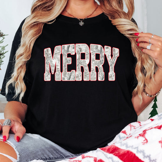 Merry Snow Camo Christmas shirt, Black, adult