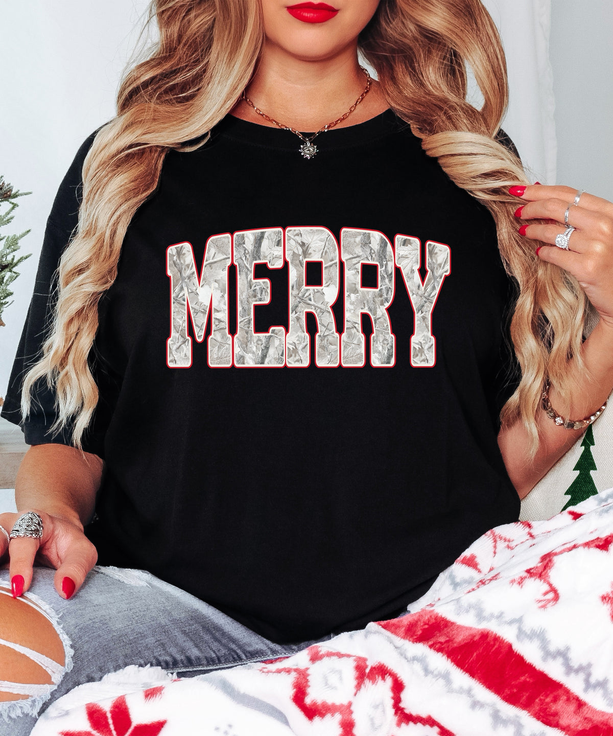 Merry Snow Camo Christmas shirt, Black, adult