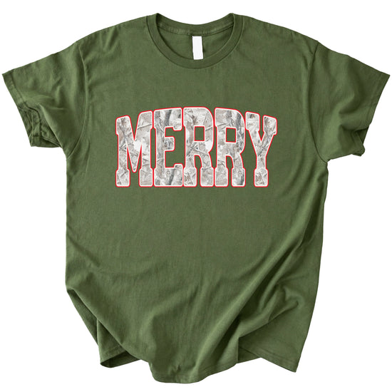 Merry Snow Camo Christmas shirt, Military Green, adult