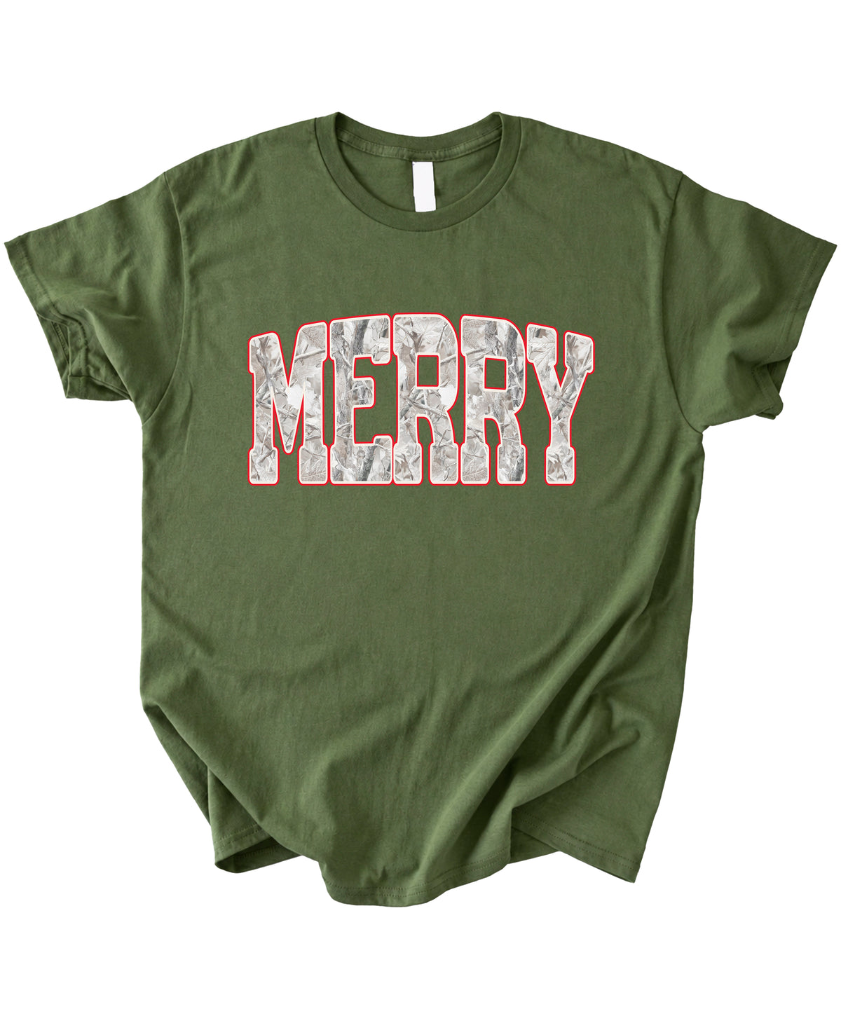 Merry Snow Camo Christmas shirt, Military Green, adult