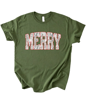 Merry Snow Camo Christmas shirt, Military Green, adult
