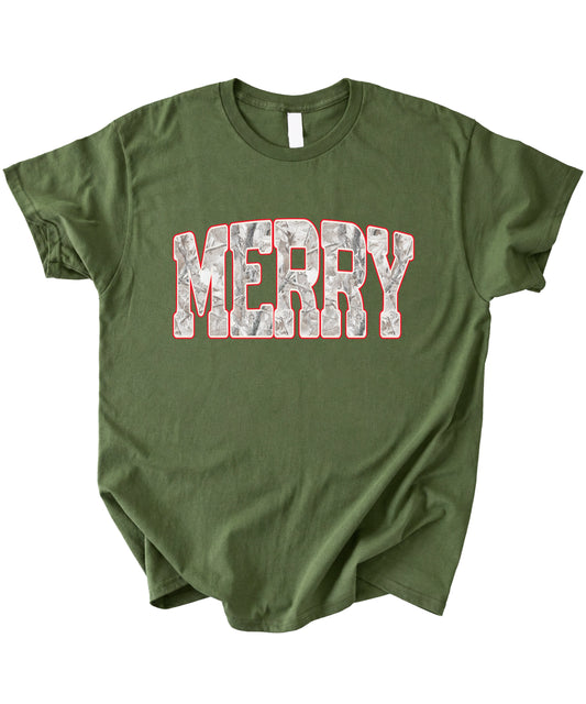 Merry Snow Camo Christmas shirt, Military Green, adult