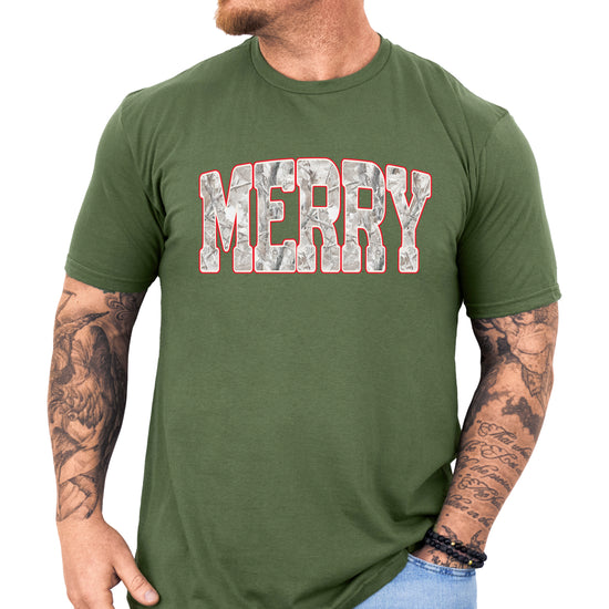 Merry Snow Camo Christmas shirt, Military Green, adult