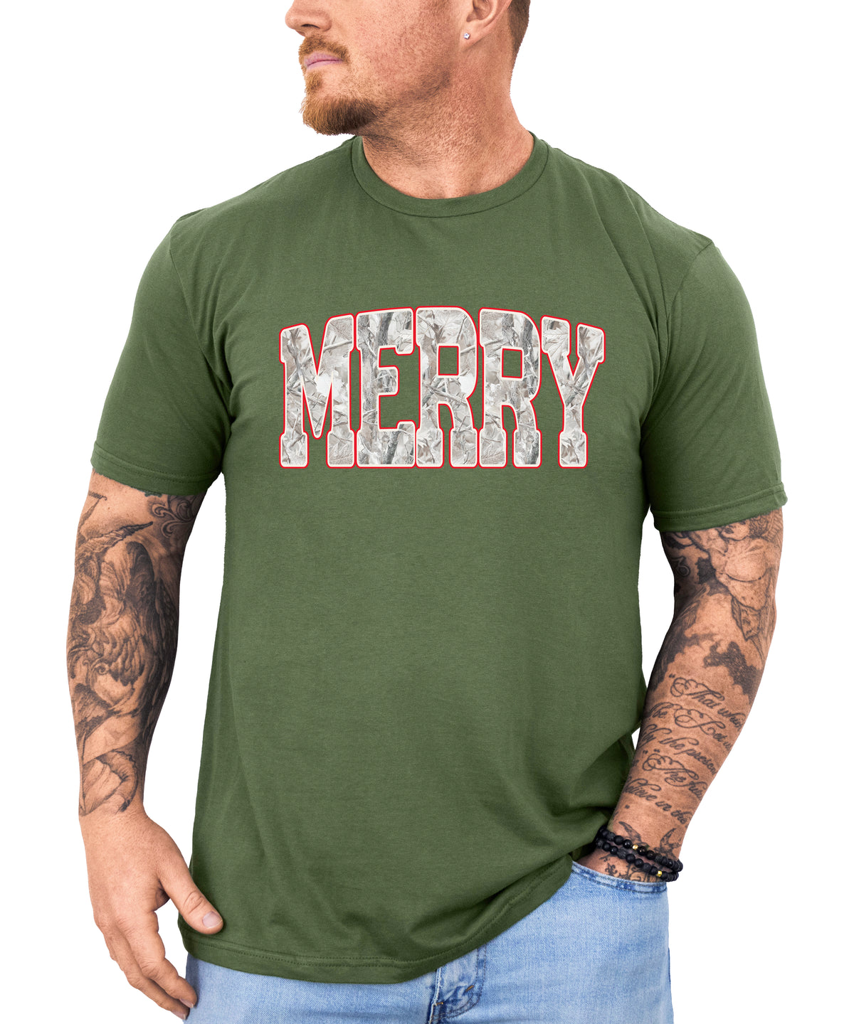 Merry Snow Camo Christmas shirt, Military Green, adult