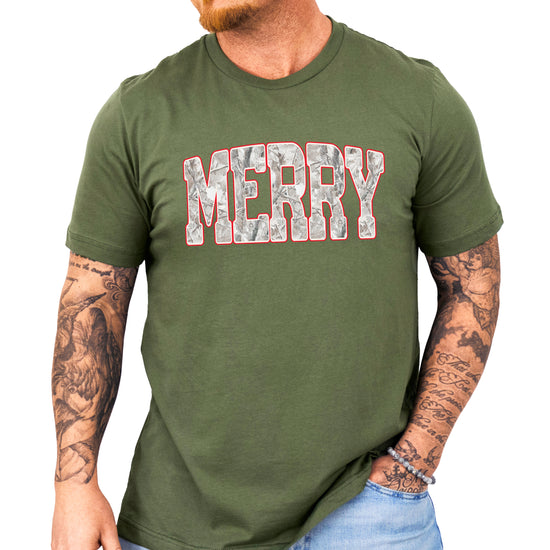 Merry Snow Camo Christmas shirt, Military Green, adult