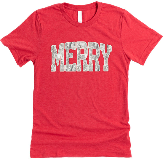 Merry Snow Camo Christmas shirt, Vintage Red, adult