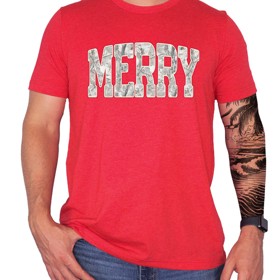 Merry Snow Camo Christmas shirt, Vintage Red, adult