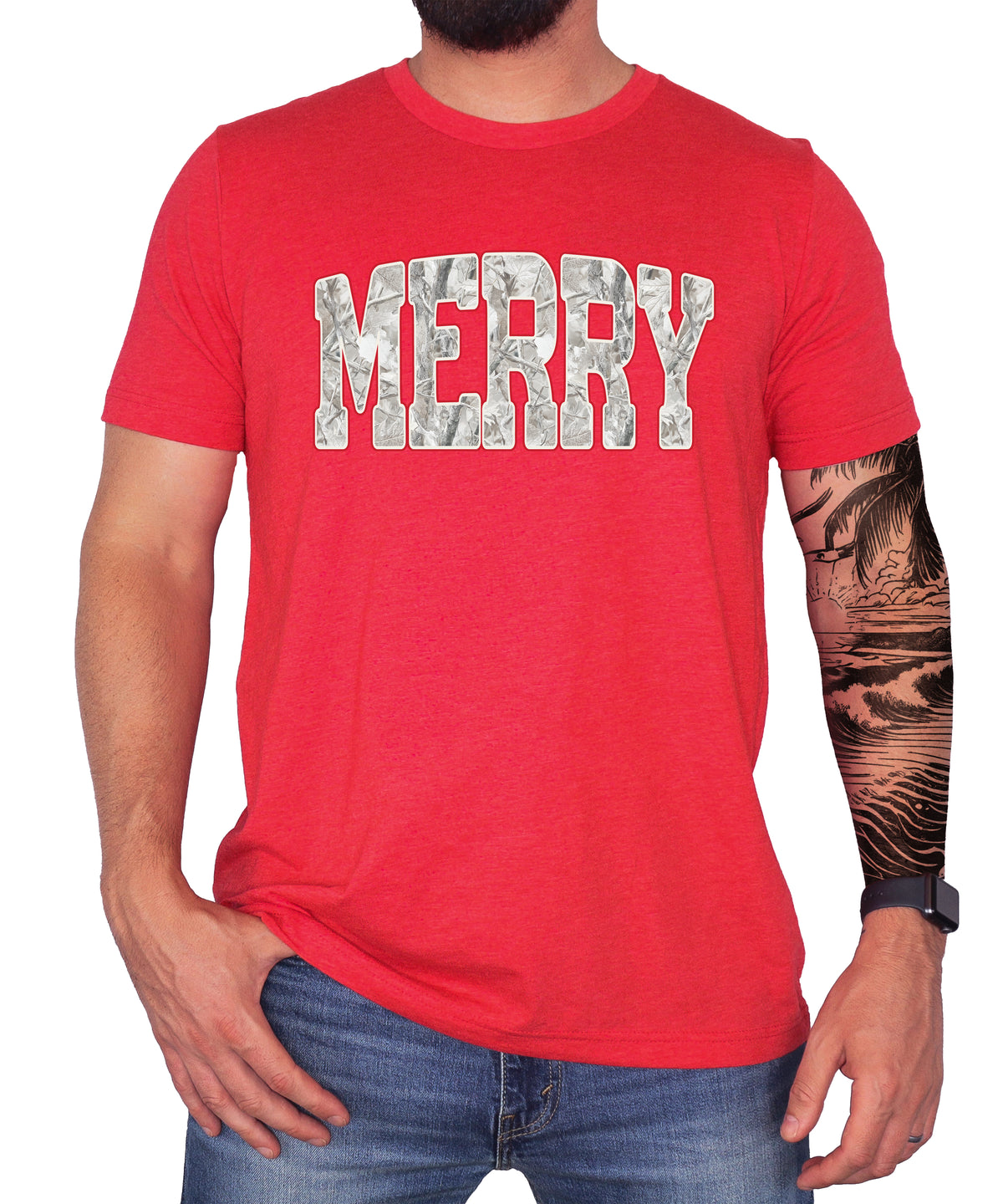 Merry Snow Camo Christmas shirt, Vintage Red, adult