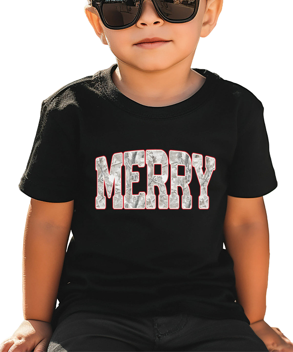Merry Snow Camo Christmas shirt, Black, kids
