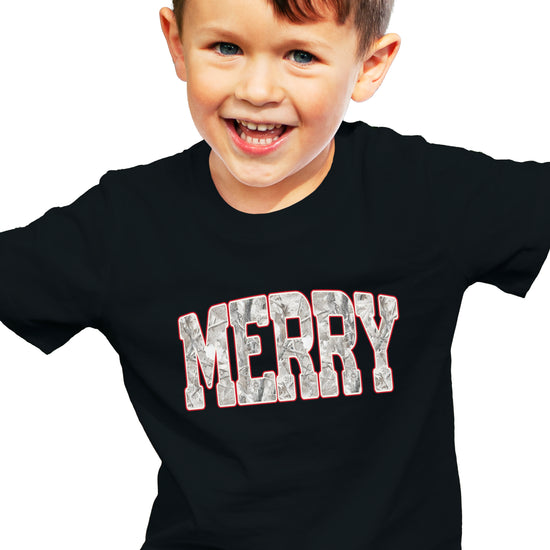 Merry Snow Camo Christmas shirt, Black, kids