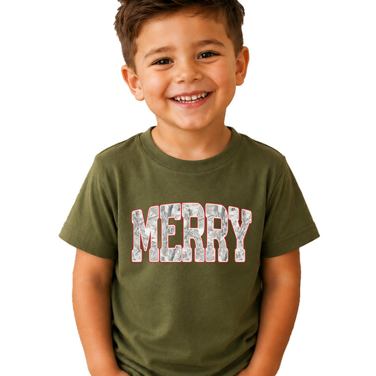 Merry Snow Camo Christmas shirt, Military Green, kids