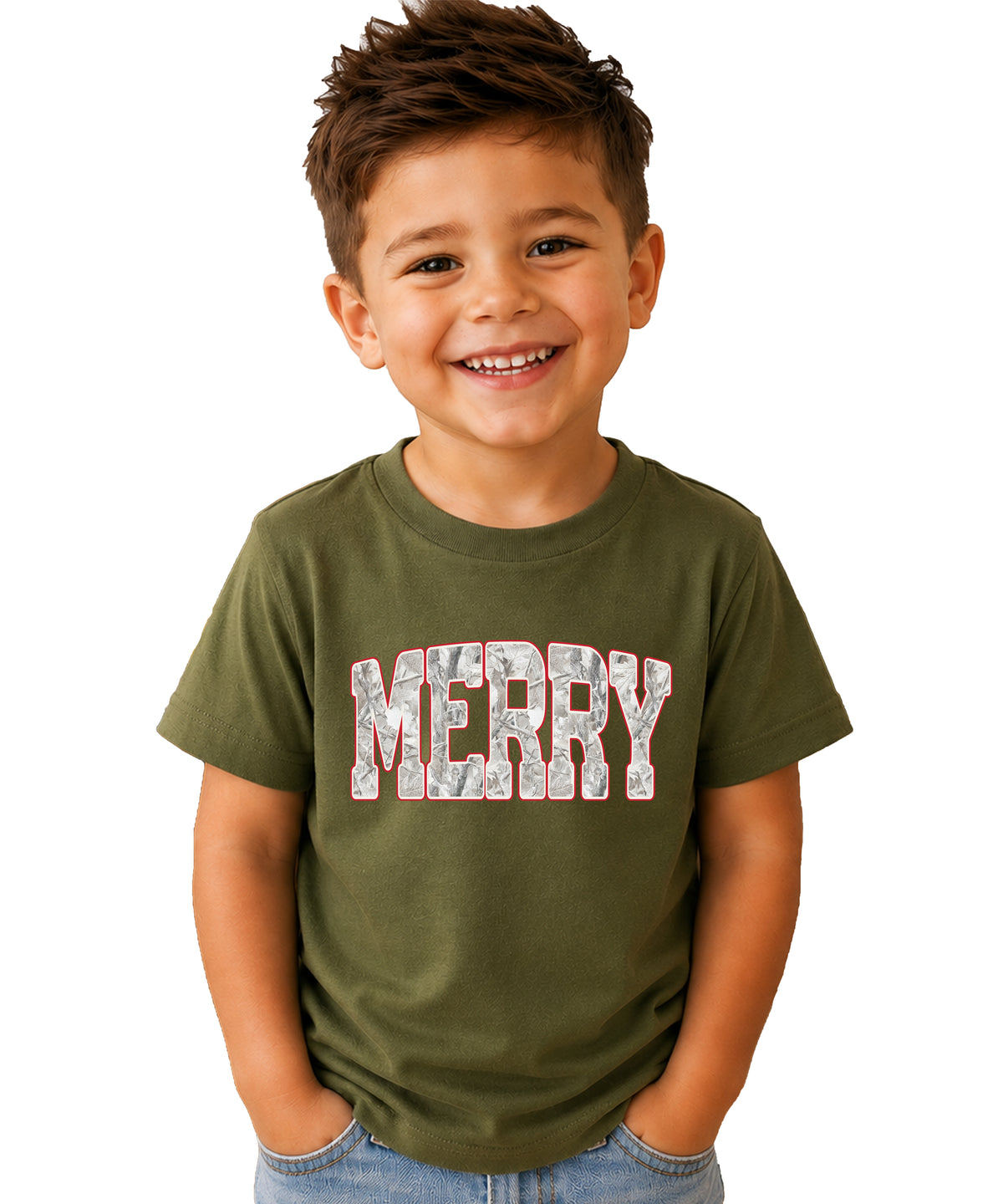 Merry Snow Camo Christmas shirt, Military Green, kids