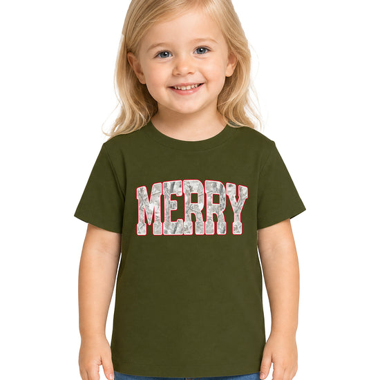 Merry Snow Camo Christmas shirt, Military Green, kids