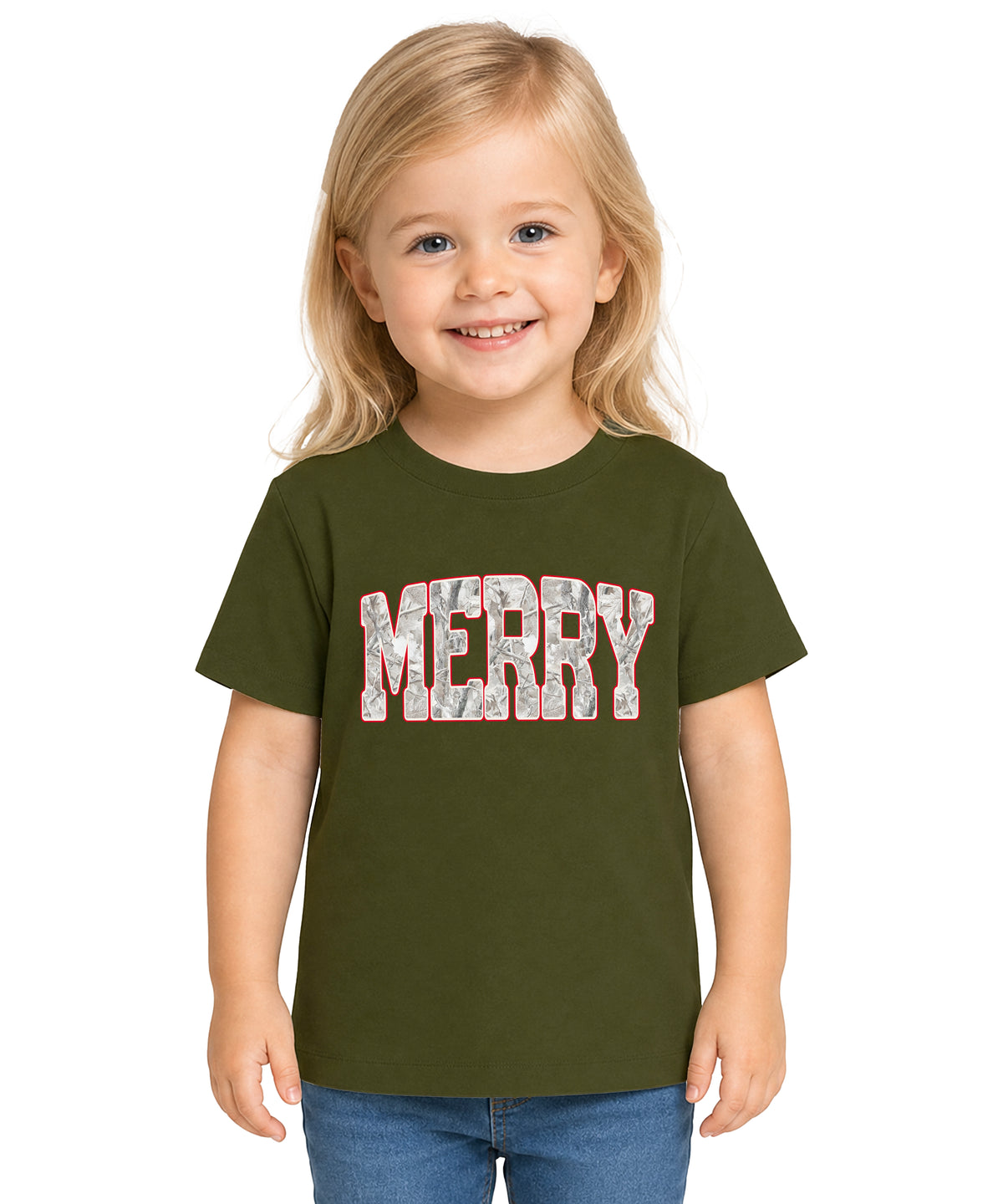 Merry Snow Camo Christmas shirt, Military Green, kids