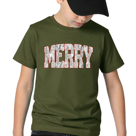 Merry Snow Camo Christmas shirt, Military Green, kids