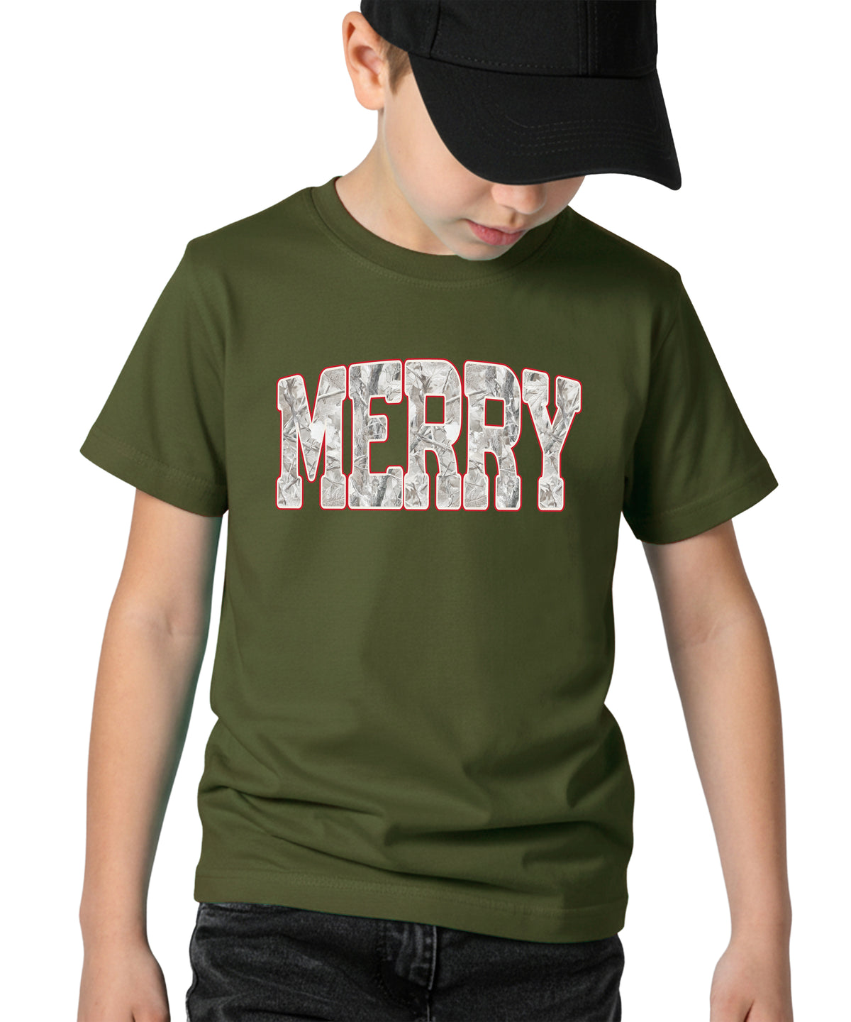 Merry Snow Camo Christmas shirt, Military Green, kids