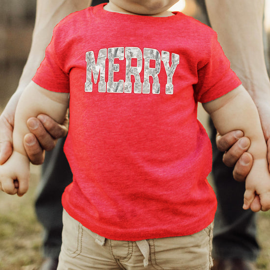 Merry Snow Camo Christmas shirt, Vintage Red, kids
