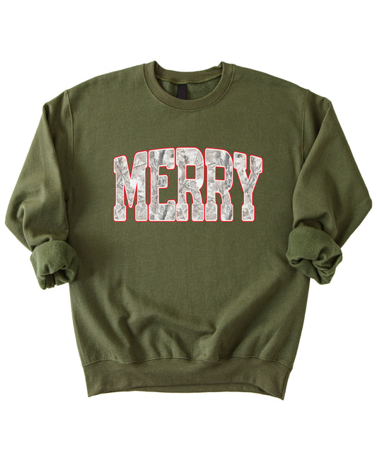 Merry snow camo Christmas sweatshirt, Army Green Sweatshirt, front view