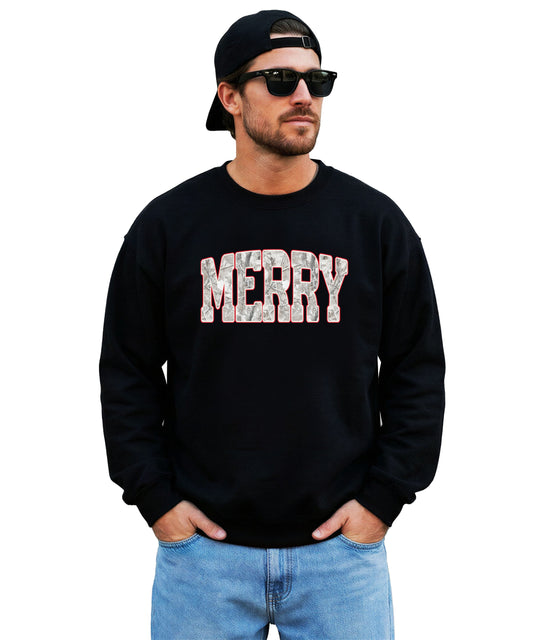 Merry snow camo Christmas sweatshirt, Black Sweatshirt, styled view